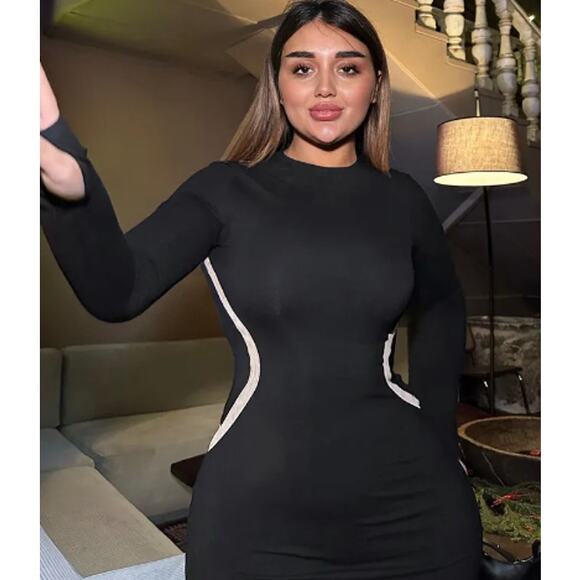 Contrast Silhouette Maxi Dress – Long Sleeve, Round Neck | Chicgenes - Picture 6 of 7